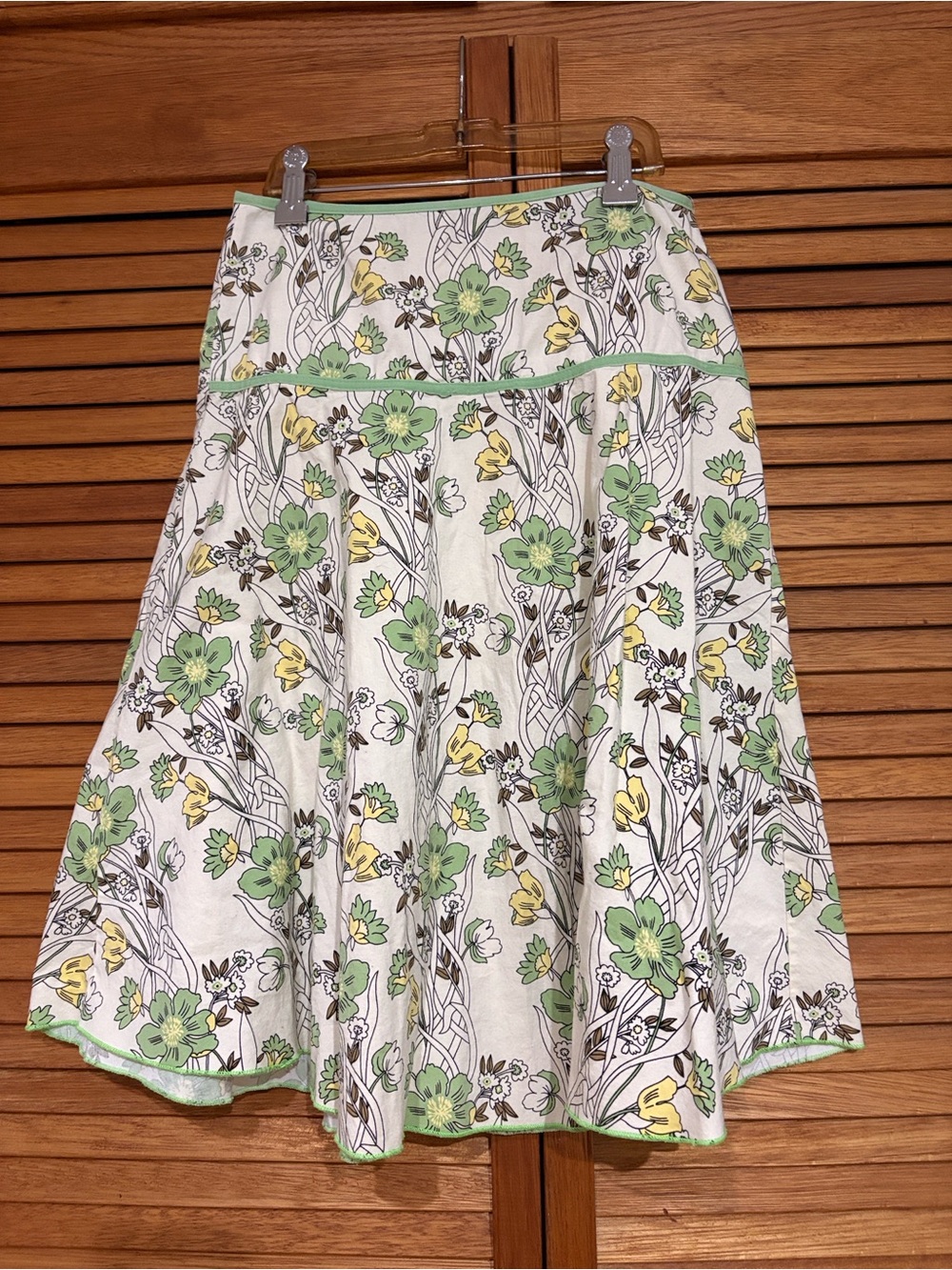 Vintage Floral A-Line Skater Skirt in Cream with Green & Yellow Print